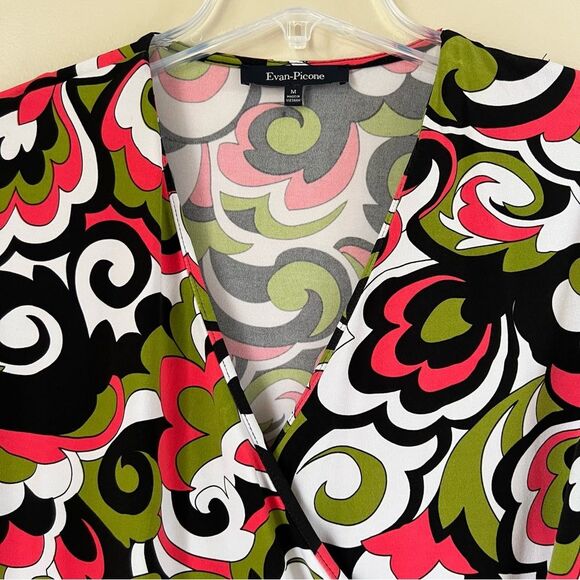 Y2K Evan Picone Multicolor Faux Wrap Retro Short Sleeve Babydoll Blouse SZ M - Picture 2 of 9